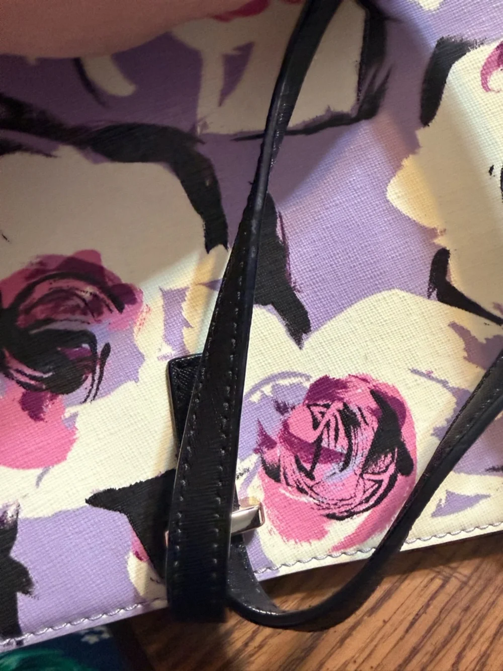Kate Spade Floral Tote Cream Purple Leather Shoulder Bag Large Chic